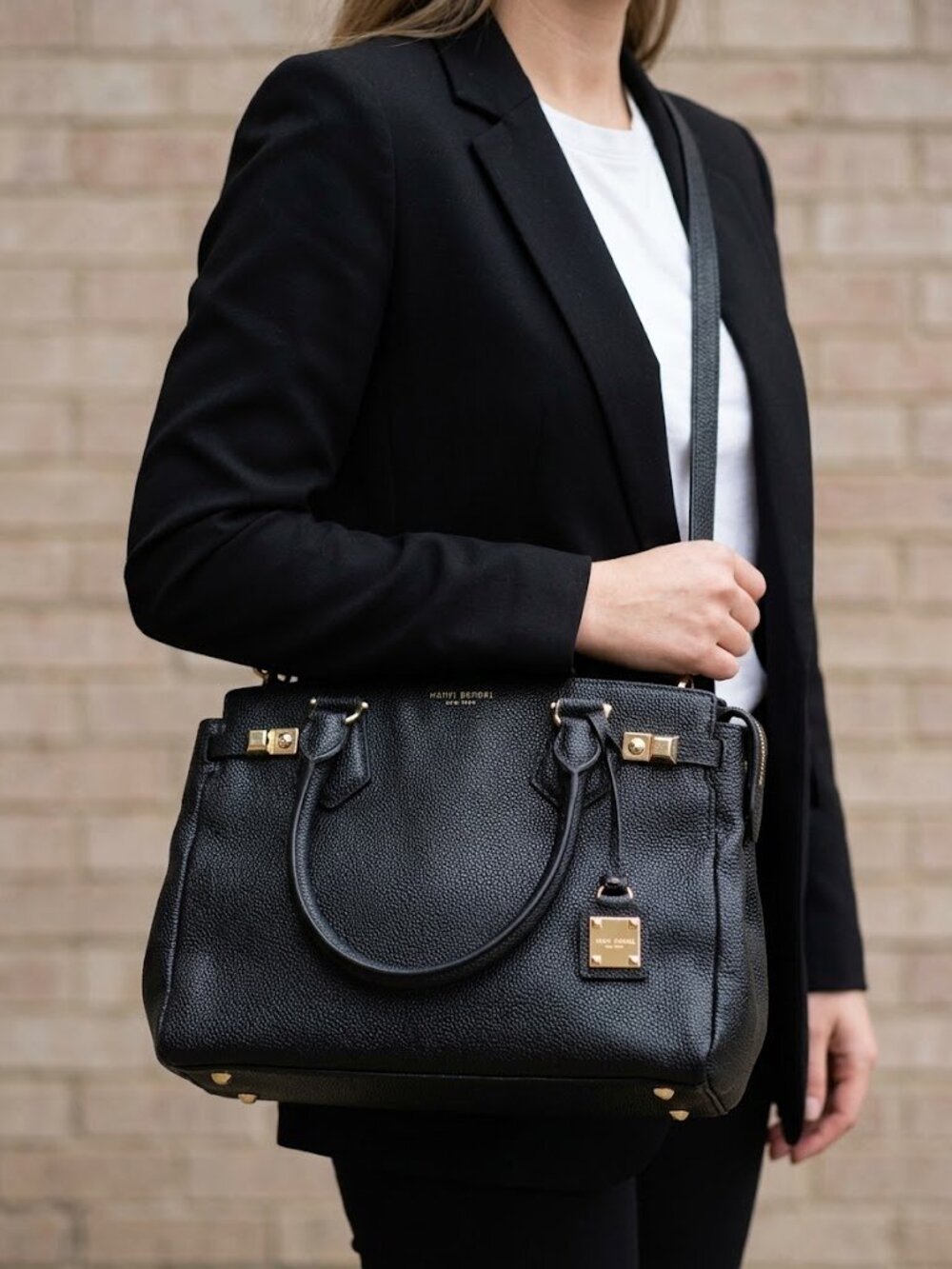 Henri Bendel Carlyle Black Pebbled Leather Satchel Crossbody Bag